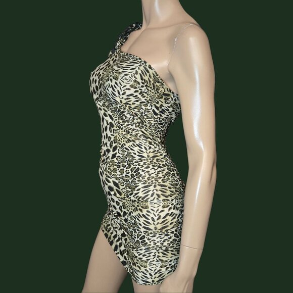 Y2K Leopard Print Mini Dress Size S One Shoulder Khaki Green Glitter Mcbling - Picture 5 of 9